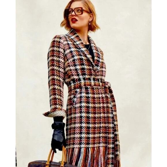 Cabi Regency Coat Tweed Noble Plaid Long Belted Wrap Jacket #3901 Fringe Medium - Picture 1 of 11